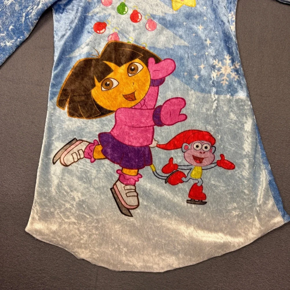 Vtg Y2K Kids Christmas Blue Dora the Explorer Long sleeve Nightgown‎ PJ Size 8